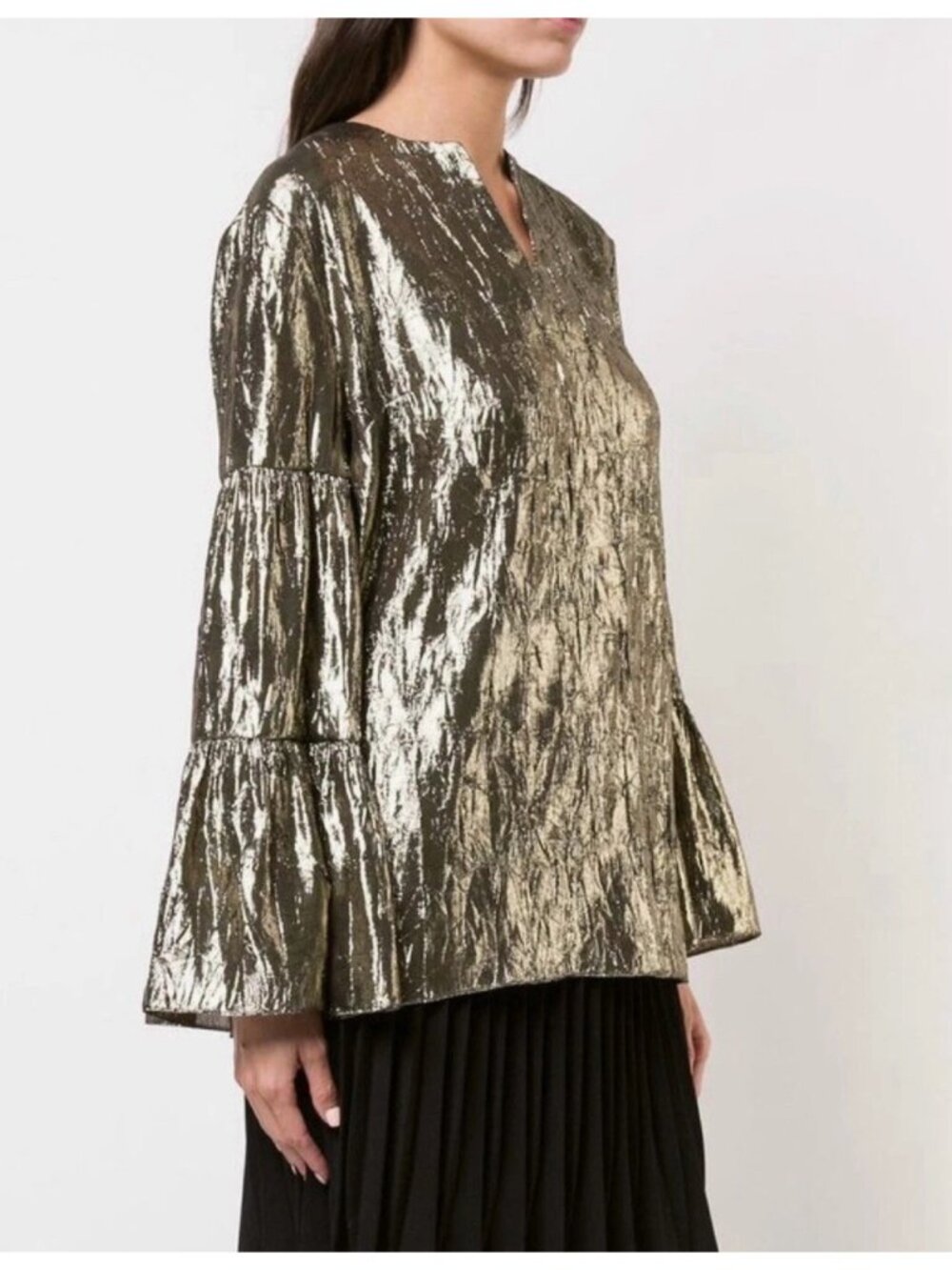 Michael Kors Collection Resort 2019 Runway Bell-Sleeve Crushed-Lame Peasant Top - Picture 13 of 14